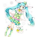  aqua_eyes aqua_hair bad_id bad_pixiv_id bangs blush boots bunny full_body hair_ornament hairclip hat hatsune_miku highres knee_boots long_hair mini_hat pinky_out skirt snowflakes tsukiyo_(skymint) twintails very_long_hair vocaloid white_background wings yuki_miku yukine_(vocaloid) 