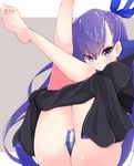  ass bare_legs barefoot blue_eyes blue_ribbon crotch_plate enelis fate/extra fate/extra_ccc fate_(series) hair_ribbon long_hair long_sleeves meltlilith purple_hair revealing_clothes ribbon sleeves_past_wrists solo very_long_hair 