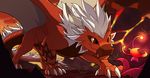  2017 alastor_(character) blitzdrachin claws cute detailed_background digital_media_(artwork) dragon feral flower hi_res lava male orange_scales plant scales volcano wings 
