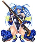  1girl asagiri blue_hair breasts curvy female hinogami_fuka holding leotard lilith-soft long_hair looking_at_viewer nipples serious shiny_skin solo taimanin_asagi taimanin_asagi_battle_arena thong_leotard weapon 