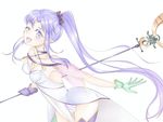  1girl blush breasts caster caster_lily cleavage dress fate/grand_order fate_(series) gloves hair_ornament one_eye_closed open_mouth pointy_ears ponytail purple_eyes purple_hair staff thighhighs very_long_hair weapon wink 