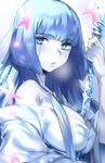  blue_eyes blue_hair breasts bug butterfly cleavage insect long_hair looking_at_viewer medium_breasts naso4 nioh pale_skin parted_lips solo staff yuki-onna_(nioh) 