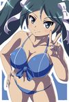  bikini blue_bikini blue_eyes blue_hair breasts cleavage from_above front-tie_top hair_ribbon highres isuzu_(kantai_collection) kantai_collection long_hair nail_polish ribbon smile solo standing swimsuit twintails v white_ribbon william_lee 