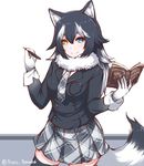  animal_ears black_hair blue_eyes breasts disco_brando english fur_collar gloves grey_wolf_(kemono_friends) heterochromia kemono_friends long_hair long_sleeves looking_at_viewer medium_breasts multicolored_hair necktie notebook plaid plaid_skirt pleated_skirt skirt smile solo tail two-tone_hair white_gloves wolf_ears wolf_tail yellow_eyes 