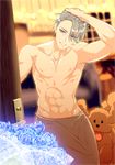  1boy dog looking_at_viewer male_focus muscle silver_hair smile solo tagme teeth towel wet yuri!!_on_ice 