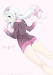  absurdres ass bangs blush bow character_name closed_mouth commentary_request dated dutch_angle eromanga_sensei floating_hair from_behind hair_bow highres izumi_sagiri kneepits long_hair long_sleeves looking_at_viewer looking_back low-tied_long_hair naked_sweater neki_(wakiko) pink_background pink_bow profile simple_background solo sweater thighs twitter_username 