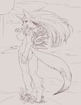  2017 amaterasu anthro anthrofied big_breasts breasts butt canine claws deity fdokkaku female flower hair long_hair looking_at_viewer looking_back mammal monochrome nude plant side_boob smile solo sun video_games ōkami 