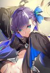  blue_eyes breasts fate/extra fate/extra_ccc fate_(series) hair_ribbon highres long_hair long_sleeves meltlilith midriff navel purple_hair ribbon sleeves_past_wrists small_breasts smile solo underboob yuran 