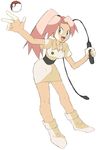  :d ace_trainer_(pokemon) ankle_boots bare_arms bent_over blue_eyes boots breasts cleavage collarbone collared_dress dress full_body hair_intakes holding holding_weapon holding_whip leaning_forward long_hair looking_away looking_to_the_side medium_breasts open_mouth orange_hair poke_ball poke_ball_(generic) pokemon pokemon_(game) pokemon_rgby short_dress short_sleeves simple_background smile solo souji tareme tongue underbust v-shaped_eyebrows weapon whip white_background white_dress white_footwear 