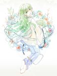  androgynous barefoot chain emo_(ricemo) enkidu_(fate/strange_fake) fate/grand_order fate/strange_fake fate_(series) flower green_eyes green_hair leaf long_hair looking_back male_focus open_mouth smile 