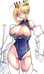  ahoge artoria_pendragon_(all) artoria_pendragon_(lancer) blonde_hair blush braid breasts cleavage covered_navel cowboy_shot crown fate/grand_order fate_(series) french_braid gauntlets green_eyes highleg highleg_leotard holding holding_weapon kagami_uekusa lance large_breasts leotard looking_at_viewer mature open_mouth partially_colored pauldrons polearm rhongomyniad shiny shiny_hair shiny_skin short_hair sidelocks simple_background sketch skindentation smile solo weapon wedgie white_background work_in_progress 