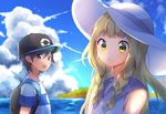  1boy 1girl black_eyes black_hair blonde_hair cloud green_eyes hat lillie_(pokemon) long_hair male_protagonist_(pokemon_sm) pokemon pokemon_(game) pokemon_sm sky smile striped_shirt tagme 