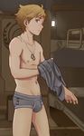  1boy blonde_hair bulge crotch dogtags dressing earth_defense_force looking_at_viewer male_focus nipples solo underwear young 