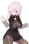  bare_shoulders black_legwear blush breasts collar cosplay fate/extra fate/extra_ccc fate/grand_order fate_(series) hair_over_one_eye highres jacket large_breasts mash_kyrielight mitsudoue o-ring open_clothes open_jacket open_mouth pantyhose passion_lip passion_lip_(cosplay) purple_eyes purple_hair short_hair simple_background solo white_background 