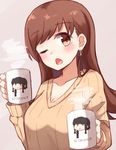  alternate_costume brown_eyes brown_hair character_print collarbone cup d; earrings grey_background highres holding holding_cup jewelry kantai_collection kapatarou kitakami_(kantai_collection) long_hair long_sleeves mug one_eye_closed ooi_(kantai_collection) open_mouth print_cup ribbed_sweater solo sweater yellow_sweater 
