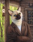  2017 5_fingers anthro biped black_claws black_nose brown_clothing brown_fur brown_topwear cabin cat claws clothed clothing detailed_background diato_maceous feline forest front_view fur half-length_portrait heterochromia hi_res jacket lantern looking_at_viewer male mammal multicolored_fur oil_painting outside painting_(artwork) portrait shirt siamese sidonie signature solo standing traditional_media_(artwork) tree two_tone_fur whiskers white_clothing white_fur white_shirt white_topwear window 