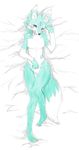  2016 anthro black_nose blue_eyes blush breasts canine cute_fangs featureless_breasts female fox fur green_fur looking_at_viewer lying mammal nude on_back open_mouth pussy solo white_fur xan_(pixiv) 