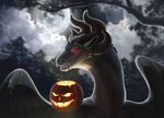  curved_horn deanosaior dragon feral food fruit grey_scales horn male membranous_wings moon open_mouth pumpkin red_eyes scales smile solo teeth wings 