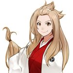  bangs_pinned_back brown_eyes brown_hair commentary_request hand_on_hip highres japanese_clothes kimono lips long_hair looking_at_viewer miko original poaro simple_background smile solo very_long_hair white_background 