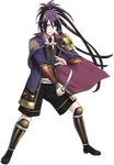  armor cape fudou_yukimitsu full_body japanese_armor kiwame_(touken_ranbu) kote male_focus minato_(robin) necktie official_art open_mouth ponytail purple_eyes purple_hair shin_guards shoulder_armor sode tantou touken_ranbu transparent_background waistcoat weapon 