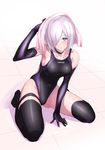  alternate_costume armpits ass_visible_through_thighs bad_anatomy bangs bare_shoulders between_legs black_gloves black_swimsuit blush breasts choker collarbone commentary_request competition_swimsuit elbow_gloves eyebrows_visible_through_hair fate/grand_order fate_(series) full_body gloves hair_over_one_eye hand_between_legs lavender_hair looking_at_viewer mash_kyrielight medium_breasts one-piece_swimsuit parted_lips purple_eyes purple_gloves shadow shiny shiny_hair short_hair sitting solo spread_legs sweat swimsuit thigh_strap thighhighs thighs ulrich_(tagaragakuin) 