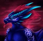  anthro blue_eyes blue_scales dragon horn male ridged_horn scales selianth simple_background solo teeth 