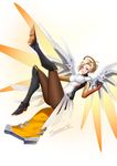  absurdres armor armored_boots black_footwear blonde_hair bodysuit boots breasts brown_legwear emblem faulds glowing glowing_wings gradient gradient_background greaves hair_tie high_ponytail highres jai_(whany1998) knee_boots large_breasts leaning_back leg_up looking_at_viewer mechanical_halo mechanical_wings mercy_(overwatch) nose open_mouth overwatch pantyhose pelvic_curtain pink_lips smile soles solo spread_wings swiss_flag white_background wings yellow_wings 