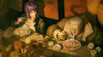  1girl batou beer_can bowl breasts can casual chopsticks cleavage closed_eyes commentary cyberpunk cyborg eating food ghost_in_the_shell hellstern highres holding holding_chopsticks jacket kusanagi_motoko meat noodles ramen realistic robotic_parts science_fiction sitting smile 