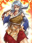  blood bloody_clothes breasts cowboy_shot detached_sleeves forehead_tattoo hand_on_hip hatchet holding holding_sword holding_weapon large_breasts long_hair looking_at_viewer oriental_hatchet over_shoulder pointy_ears red_eyes red_skirt ryuuichi_(f_dragon) sakata_nemuno shadow silver_hair skirt skull solo sword sword_over_shoulder torn_clothes torn_skirt touhou tusks weapon weapon_over_shoulder wide_sleeves 