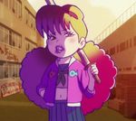  1girl bokken looking_at_viewer multicolored_hair osomatsu-san screencap skirt solo yowai_totoko 