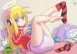  ass barefoot blonde_hair blue_eyes candy diaper food gabriel_dropout halo headphones jacket long_hair long_sleeves looking_at_viewer nintendo_switch socks socks_removed solo tenma_gabriel_white track_jacket underwear 