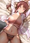 1girl arms_up bad_id bad_pixiv_id bad_revision bangs banned_artist bed_sheet black_panties blush breasts brown_eyes brown_hair closed_mouth collarbone downscaled_revision dutch_angle eyebrows_visible_through_hair fay_(fay_axl) frilled_pillow frills idolmaster idolmaster_cinderella_girls lace lace-trimmed_panties large_breasts long_hair looking_at_viewer lying mifune_miyu navel nipples on_back one_breast_out open_clothes open_shirt out_of_frame p-head_producer panties pillow pov pubic_hair shadow shirt sidelocks solo_focus sweat twintails underwear upper_body 