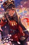 bad_id bad_pixiv_id belt black_hair black_pants blurry blush cape cherry_blossoms clenched_hands crying crying_with_eyes_open depth_of_field dutch_angle eyebrows_visible_through_hair fate/grand_order fate_(series) gloves hair_between_eyes hat highres long_hair low_ponytail male_focus moze oda_nobukatsu_(fate/grand_order) one_eye_closed open_mouth outdoors pants petals red_eyes red_shirt shirt solo sparkle standing sunset tears very_long_hair white_gloves 