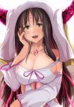  bangs black_hair blush breasts cleavage collarbone command_spell detached_sleeves fate/extra fate/extra_ccc fate_(series) hand_on_own_cheek horns kanzaki_kureha large_breasts long_hair looking_at_viewer open_mouth sesshouin_kiara smile solo teeth upper_body veil yellow_eyes 