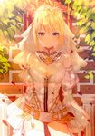  absurdres ahoge arm_strap arms_at_sides ass_visible_through_thighs bangs bare_shoulders belt belt_buckle blonde_hair blush breasts brick_wall bridal_veil buckle chain chain_necklace cleavage closed_mouth collar cowboy_shot detached_collar detached_sleeves eyebrows_visible_through_hair fate/extra fate/extra_ccc fate_(series) flower flower_wreath full-length_zipper garter_straps green_eyes hair_between_eyes hair_intakes head_wreath highleg highleg_leotard highres junpaku_karen leaf lens_flare leotard light_particles light_smile lock long_sleeves looking_at_viewer loose_belt medium_breasts nero_claudius_(bride)_(fate) nero_claudius_(fate)_(all) outdoors padlock parted_bangs petals pillar puffy_detached_sleeves puffy_sleeves see-through shade showgirl_skirt sidelocks skirt sleeves_past_wrists smile solo standing sunlight thighhighs turtleneck veil white_flower white_legwear white_leotard white_skirt white_sleeves wide_sleeves zipper zipper_pull_tab 