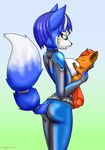  2017 ambiguous_gender anthro blue_fur blue_hair blush bodysuit breast_suck breastfeeding breasts butt canine chameloshi clothing duo eyes_closed female feral fox fur gradient_background green_eyes hair jewelry krystal lactating mammal nintendo nipples one_breast_out orange_fur pok&eacute;mon red_fur simple_background skinsuit star_fox sucking tight_clothing video_games vulpix 