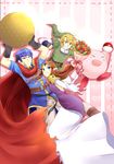  2boys armor blonde_hair blue_eyes blue_hair blush brown_hair fire_emblem fire_emblem:_souen_no_kiseki headband ike kaidou_mitsuki kirby kirby_(series) link long_hair multiple_boys open_mouth pointy_ears princess_zelda short_hair super_smash_bros. the_legend_of_zelda the_legend_of_zelda:_twilight_princess 