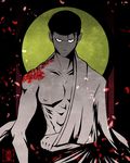  abs alternate_costume arm_at_side arm_out_of_sleeve bare_chest cherry_blossoms chest collarbone dark hadanugi_dousa kinzoku_bat kuroxmitsu_kinako long_sleeves looking_at_viewer male_focus muscle nipples off_shoulder one-punch_man serious solo staring stomach tattoo upper_body 