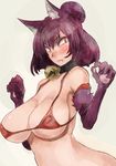  animal_ears bare_shoulders bell bikini blush breasts clenched_hands collar dog_ears fang hair_bun huge_breasts jingle_bell kemonomimi_mode looking_at_viewer micro_bikini micro_bikini_top navel purple_hair red_bikini_top red_eyes slit_pupils solo swimsuit touhou yasaka_kanako yohane 