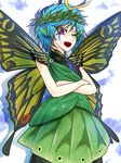  blue_hair butterfly_wings commentary_request cowboy_shot crossed_arms eternity_larva facial_tattoo fangs horns leaf_wreath looking_at_viewer one_eye_closed open_mouth purple_eyes ryuuichi_(f_dragon) shadow shirt short_hair skirt sleeveless sleeveless_shirt smile solo tattoo touhou wings yellow_wings 