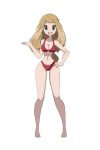  1girl bare_arms bare_legs barefoot bra breasts brown_hair cleavage collarbone creatures_(company) full_body game_freak grey_eyes hand_on_hip legs long_hair looking_at_viewer medium_breasts navel nintendo open_mouth panties pokemon pokemon_(game) pokemon_xy red_bra red_panties serena_(pokemon) simple_background smile solo standing toes tongue underwear underwear_only upper_teeth white_background wide_hips zanatemx 