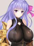  bare_shoulders bow breasts claws cleavage detached_sleeves ero_waifu fate/extra fate/extra_ccc fate/grand_order fate_(series) grey_background hair_bow hair_ribbon highres huge_breasts long_hair looking_at_viewer o-ring o-ring_top parted_lips passion_lip purple_eyes purple_hair ribbon see-through simple_background skindentation upper_body very_long_hair 