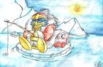  ambiguous_gender blue_eyes closed_smile duo fishing_rod frown frustrated half-closed_eyes ice ice_floe king_dedede kirby kirby_(series) male nintendo one_eye_closed rosy_cheeks sun video_games 