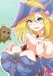  1girl artist_request bare_shoulders blonde_hair breasts creature dark_magician_girl demon female hat huge_breasts kuriboh long_hair looking_at_viewer magical_girl no_bra solo sweat trembling wizard_hat yu-gi-oh! 