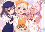  3girls apron bandanna bell bell_collar black_bra black_hair blue_apron blue_hat blush bow bra breasts brown_eyes cake chloe_von_einzbern collar cosplay dark_skin fate/grand_order fate/kaleid_liner_prisma_illya fate_(series) finger_licking food fruit fujimaru_ritsuka_(female) fujimaru_ritsuka_(male) hair_ornament hairclip hairpin half_updo hat hips illyasviel_von_einzbern jingle_bell licking long_hair looking_at_viewer miyu_edelfelt multiple_girls one_eye_closed open_mouth orange_apron orange_eyes p_answer pastry_bag paw_print pink_hair puffy_short_sleeves puffy_sleeves red_bow red_eyes shirt short_sleeves sidelocks small_breasts smile spatula strawberry tamamo_(fate)_(all) tamamo_cat_(fate) tamamo_cat_(fate)_(cosplay) twintails underwear white_apron white_hair white_shirt 