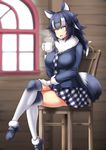  :d animal_ears bangs black_hair black_jacket blue_eyes blurry breasts chair commentary_request crossed_legs cup depth_of_field from_side fur_collar fur_trim galerie grey_wolf_(kemono_friends) heterochromia highres jacket kemono_friends kneehighs large_breasts loafers long_hair long_sleeves mug multicolored_hair necktie open_mouth plaid plaid_neckwear plaid_skirt shoes sitting skirt smile solo tail two-tone_hair white_hair wolf_ears wolf_tail yellow_eyes 