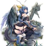  arm_support ass bare_shoulders blue_hair cameltoe chain cross detached_collar dizzy guilty_gear high_heels highres long_hair looking_at_viewer lying on_side red_eyes ribbon tail tail_ribbon thigh_strap thighhighs tombstone toshi wings 