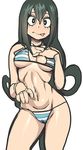  :p asui_tsuyu bikini black_hair blush boku_no_hero_academia breasts hair_rings hand_on_own_chest highres long_hair looking_at_viewer maniacpaint medium_breasts navel shirt simple_background solo striped striped_shirt swimsuit tongue tongue_out underboob white_background 