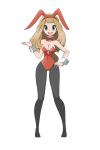  1girl animal_ears bare_shoulders black_legwear breasts brown_hair bunny_ears bunnysuit cleavage collar collarbone covered_navel creatures_(company) fake_animal_ears full_body game_freak grey_eyes hand_on_hip legs long_hair looking_at_viewer medium_breasts nintendo no_shoes open_mouth pantyhose pokemon pokemon_(game) pokemon_xy serena_(pokemon) simple_background smile solo standing toes tongue upper_teeth white_background wide_hips wrist_cuffs zanatemx 