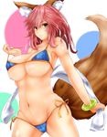  absurdres animal_ears bare_arms bare_shoulders bikini blue_bikini blush breasts cleavage closed_mouth collarbone covered_nipples cowboy_shot eyebrows_visible_through_hair fate/grand_order fate_(series) fox_ears fox_tail highres holding holding_towel large_breasts legs_apart long_hair looking_at_viewer multicolored multicolored_background navel orange_ribbon pink_hair pulled_by_self ribbon shiny shiny_skin shishin_(shishintei) side-tie_bikini smile solo standing stomach strap_pull string_bikini sweat swimsuit tail tamamo_(fate)_(all) tamamo_no_mae_(fate) tamamo_no_mae_(swimsuit_lancer)_(fate) thighs towel underboob white_towel yellow_eyes 